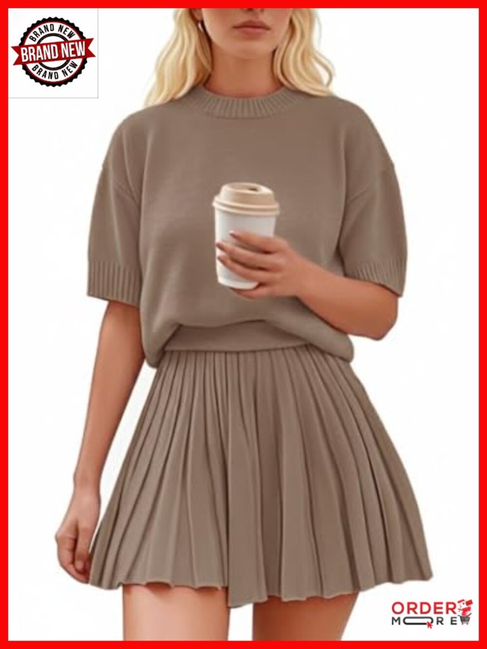 Womens 2 Piece Skirt Set Short Sleeve Crewneck Knit Top Pleated Mini Skirt